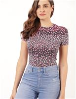 M&S Cotton Floral Crew Neck Fitted T-Shirt Pink Mix