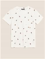 M&S Pure Cotton Floral Crew Neck T-Shirt Cream Mix