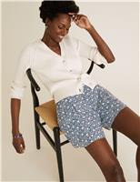 M&S Floral High Waisted Pleat Front Shorts Navy Mix