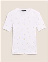 M&S Pure Cotton Printed Regular Fit T-Shirt White Mix