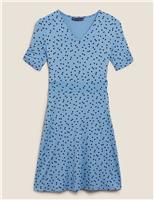 M&S Jersey Polka Dot V-Neck Mini Skater Dress Blue Mix