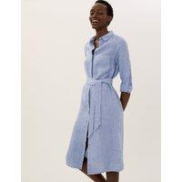 M&S Pure Linen Belted Midi Shirt Dress Chambray