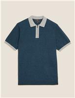 M&S Cotton Rich Zip Neck Knitted Polo Shirt Teal