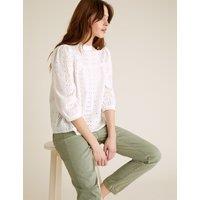 M&S Pure Cotton Broderie Short Sleeve Blouse White