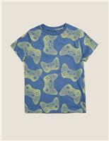 M&S Pure Cotton Gaming T-Shirt (6-16 yrs) Steel Blue