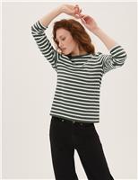 M&S Pure Cotton Striped Straight Fit Top Khaki Mix