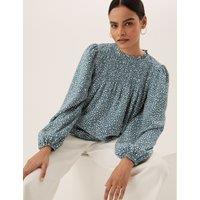 M&S Ditsy Floral Smocked Long Sleeve Blouse Green Mix