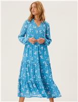M&S Floral V-Neck Midaxi Tiered Dress Blue Mix