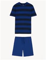 M&S Pure Cotton Striped Pyjama Set Cobalt