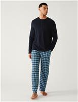M&S Brushed Cotton Checked Pyjama Set Navy Mix