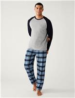M&S Brushed Cotton Checked Pyjama Set Grey Mix