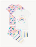 M&S 2 Pack Pure Cotton Rainbow Pyjama Sets (1-8 Yrs) Pink Mix