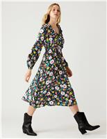 M&S Ditsy Floral V-Neck Midi Waisted Dress Multi