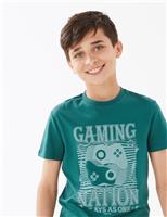 M&S Pure Cotton Gaming Nation Slogan T-Shirt (6-16 Yrs) Petrol Green