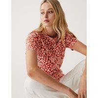 M&S Pure Cotton Printed Crew Neck T-Shirt Red Mix