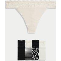 5pk Cotton & Lace Printed Thongs