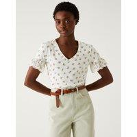M&S Pure Cotton Printed Top Ivory Mix
