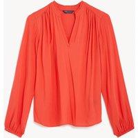 M&S Collarless Regular Fit Long Sleeve Blouse Flame