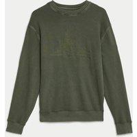 M&S Pure Cotton Embroidered Graphic Sweatshirt Faded Khaki