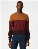 M&S Pure Cotton Colour Block Crew Neck Jumper Burgundy Mix