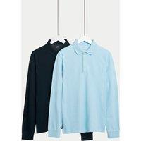 M&S 2 Pack Pure Cotton Long Sleeve Polo Shirts Pale Blue Mix