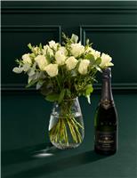 Festive White Rose & Eucalyptus Bouquet with Vintage Champagne (Delivery from 26th November)