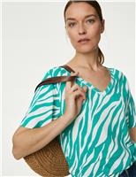 M&S Linen Blend Printed V-Neck Top Green Mix