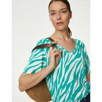 Linen Blend Printed V-Neck Top