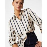 M&S Satin Striped Collared Button Through Shirt Navy Mix