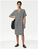 M&S Linen Rich Printed V-Neck Shift Dress Black Mix