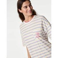 M&S Cotton Modal Slogan Striped Nightdress Ivory Mix
