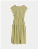 M&S Linen Rich Embroidered Tie Waist Midi Dress Onyx