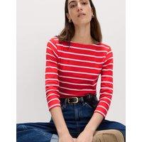 M&S Pure Cotton Striped Slash Neck Slim Fit Top Red Mix