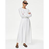M&S Round Neck Ruched Midi Waisted Dress White