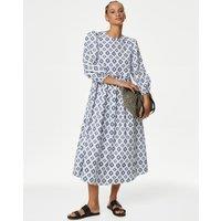 Cotton Rich Printed Midi Waisted Dress