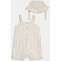 Cotton Rich Striped Romper with Hat (0-3 Yrs)