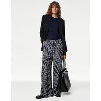 M&S Wide Leg Floral Elasticated Waisted Trousers Navy Mix