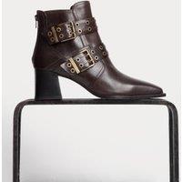 Leather Buckle Detail Block Heel Ankle Boots