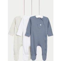 M&S 3 Pack Cotton Rich Striped & Plain Sleepsuits (0-3 Yrs) Blue Mix