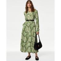 M&S Printed Round Neck Midi Tiered Dress Green Mix
