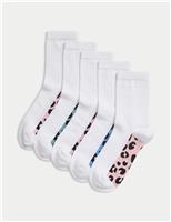 5 Pack Cotton Rich Leopard Print School Socks (6 Small - 7 Large)