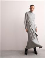 JAEGER Pure Merino Wool Knitted Funnel Neck Dress Grey