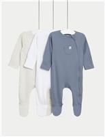 M&S 3 Pack Cotton Rich Striped & Plain Sleepsuits (0-3 Yrs) Mink Mix