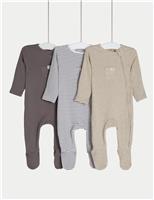 M&S 3 Pack Cotton Rich Striped & Plain Sleepsuits (0-3 Yrs) Mink Mix