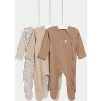M&S 3 Pack Cotton Rich Striped & Plain Sleepsuits (0-3 Yrs) Mink Mix