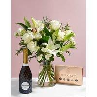 White Rose & Lily Bouquet with Belgian Chocolates & Prosecco
