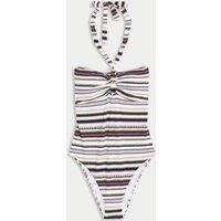 Tummy Control Textured Striped Halterneck Swimsuit