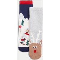 2pk Christmas Terry Ski Slipper Socks (6 Small - 7 Large)