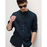 M&S Pure Linen Grandad Collar Shirt Navy