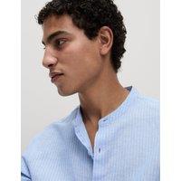 Cotton Linen Blend Striped Grandad Collar Shirt